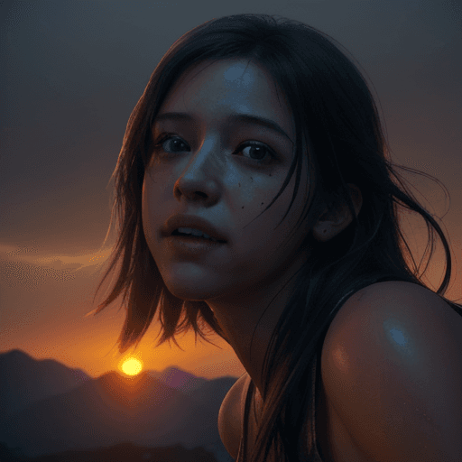 AI generated: Photo of a ultra realistic happy girl, dramatic light, sunrise, cinematic lighting, battered, low an...