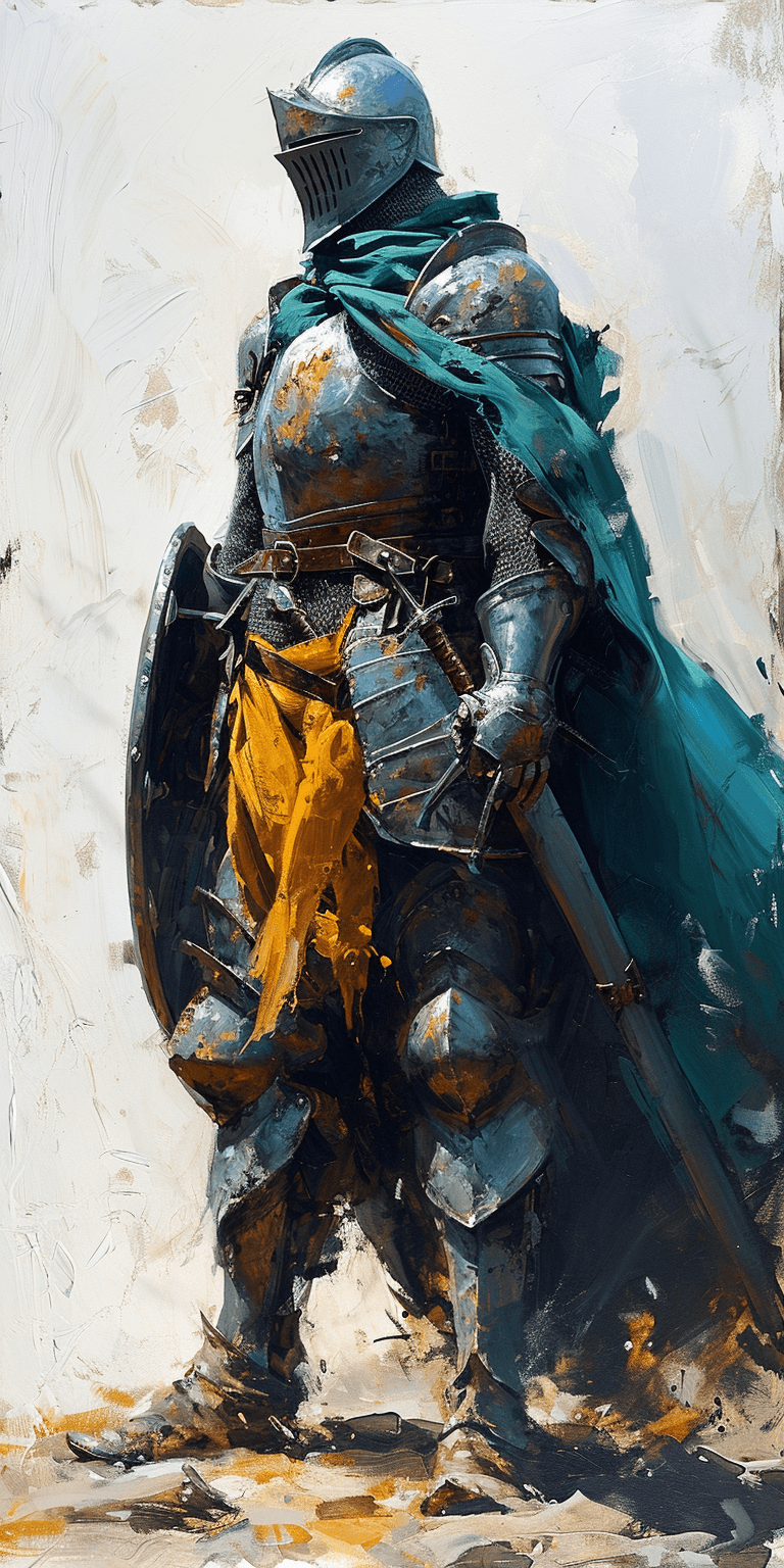 AI generated: a drawing of a knight with shield and cloak, in the style of adventure pulp, dark white and bronze, ...