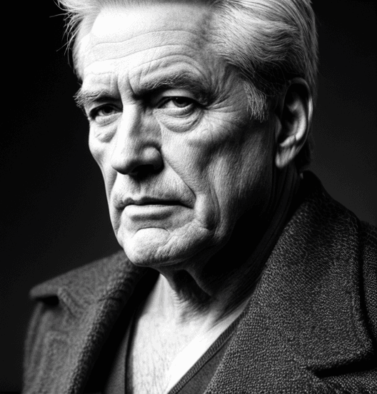 AI generated: high contrast photorealistic black & white photo face of a striking and handsome older man in shadow...