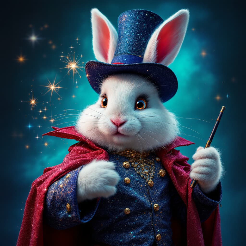 AI generated: Hot magician bunnie revealing sparkly clothes  the bunnies face winking face with a magic Wand and h...