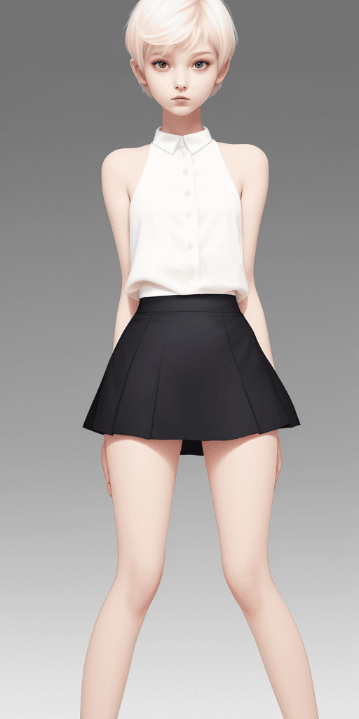 AI generated: Transparent short hair and short skirt girl with thin legs, spread wider than shoulder-width apart