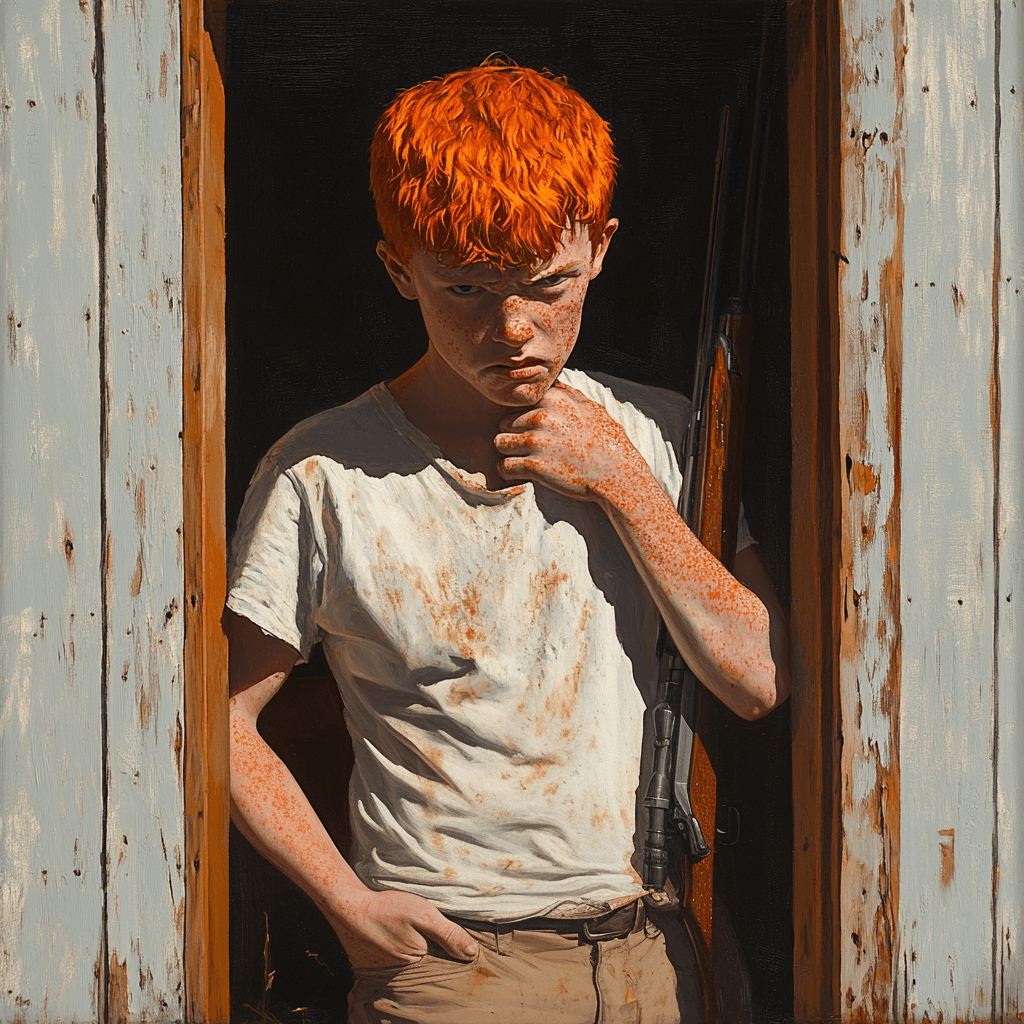 AI generated: edward hopper-style image of a freckled 16 years old boy with orange bob hair, scratching his left e...