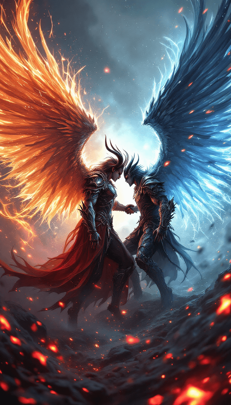 AI generated: Epic Fight between one angel and one demon, angel and demon wings, Extrem perky skin, freckles, real...