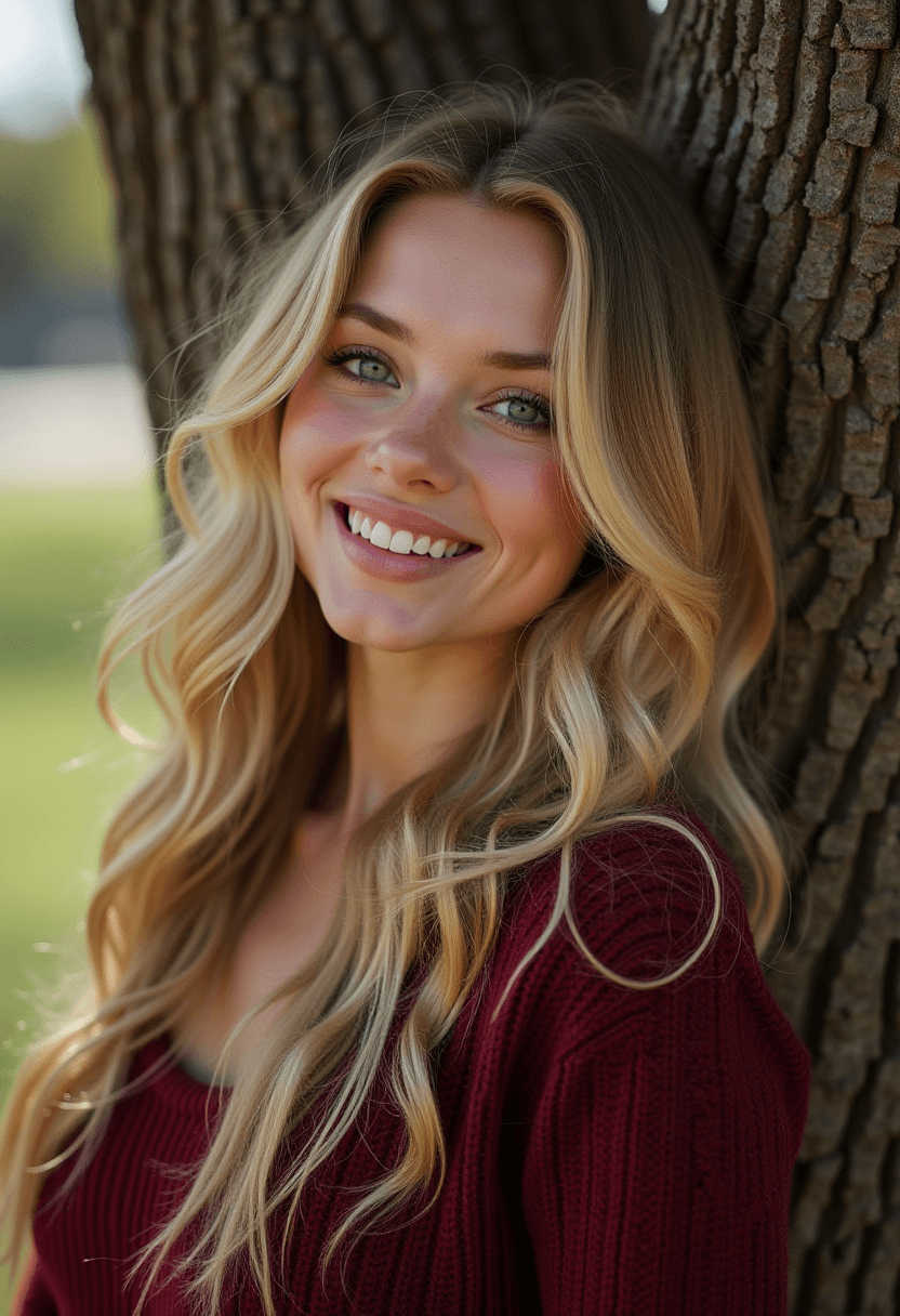 AI generated: woman, long blonde hair, full lips, light colored eyes, smiling, dark red knit sweater, light makeup...