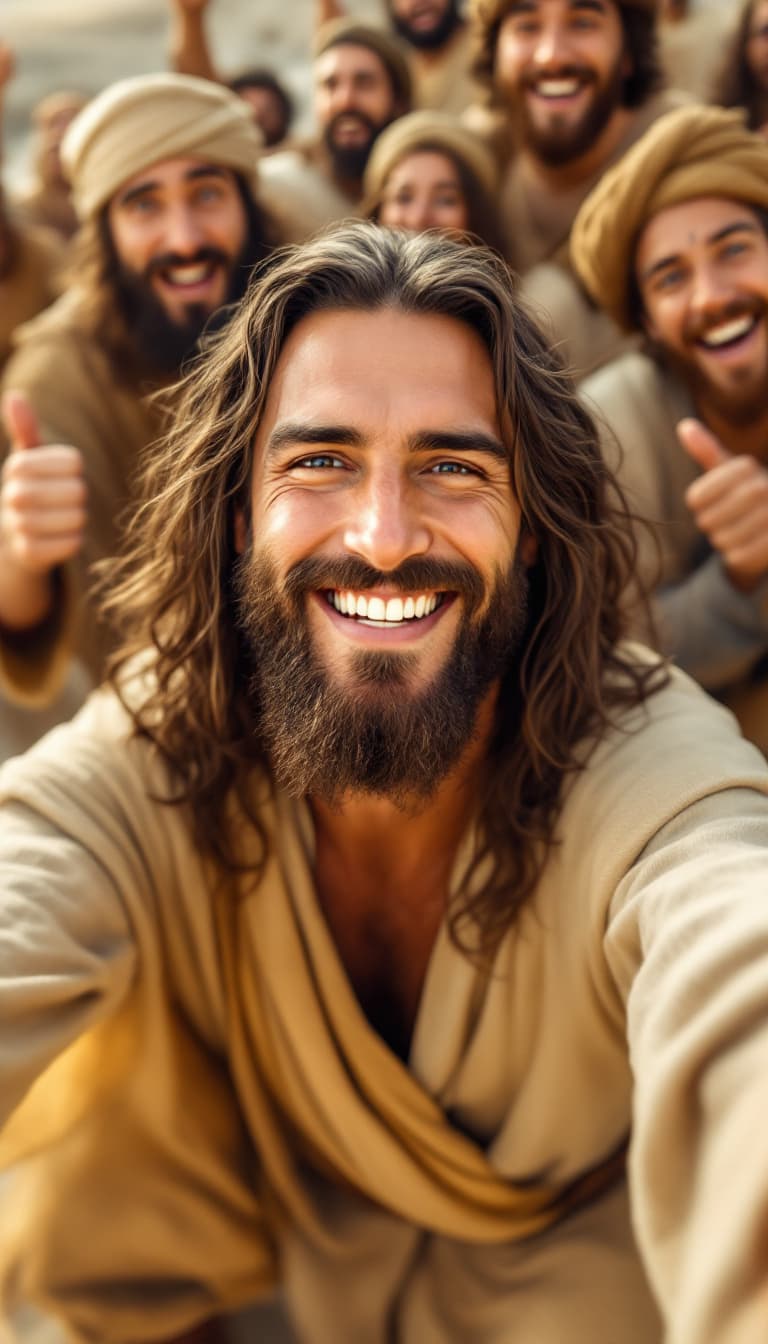 AI generated: A vibrant and warm ultra realist scene that depicts a man with long brown hair and beard, identical ...