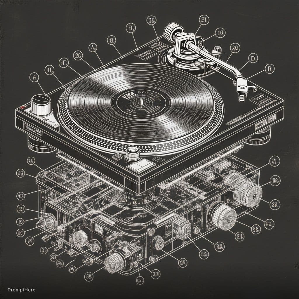 AI generated: technical isometric exploded-view diagram of vinyl turntable, consistent lineweight blueprint with p...