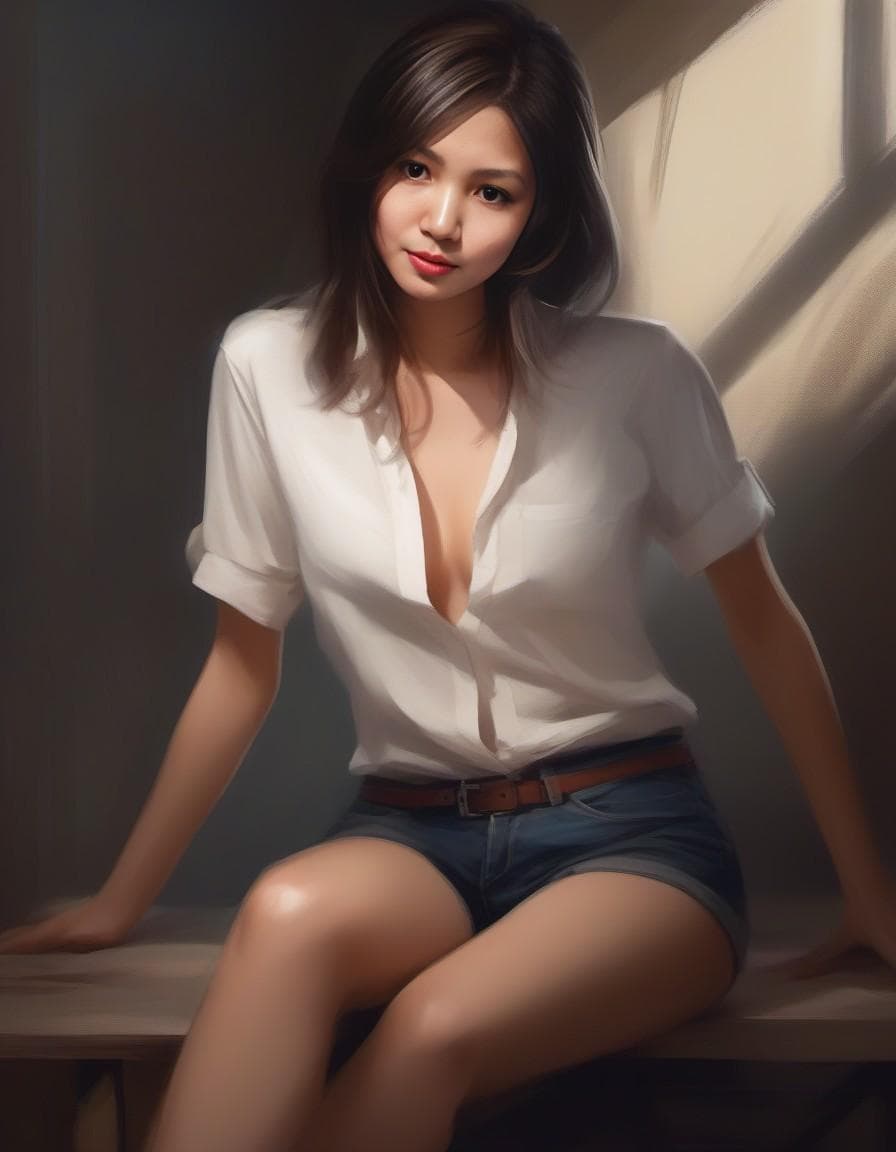 AI generated: A pretty female sitting seductively with one leg up, wearing a cotton shirt and skimpy shorts, long ...