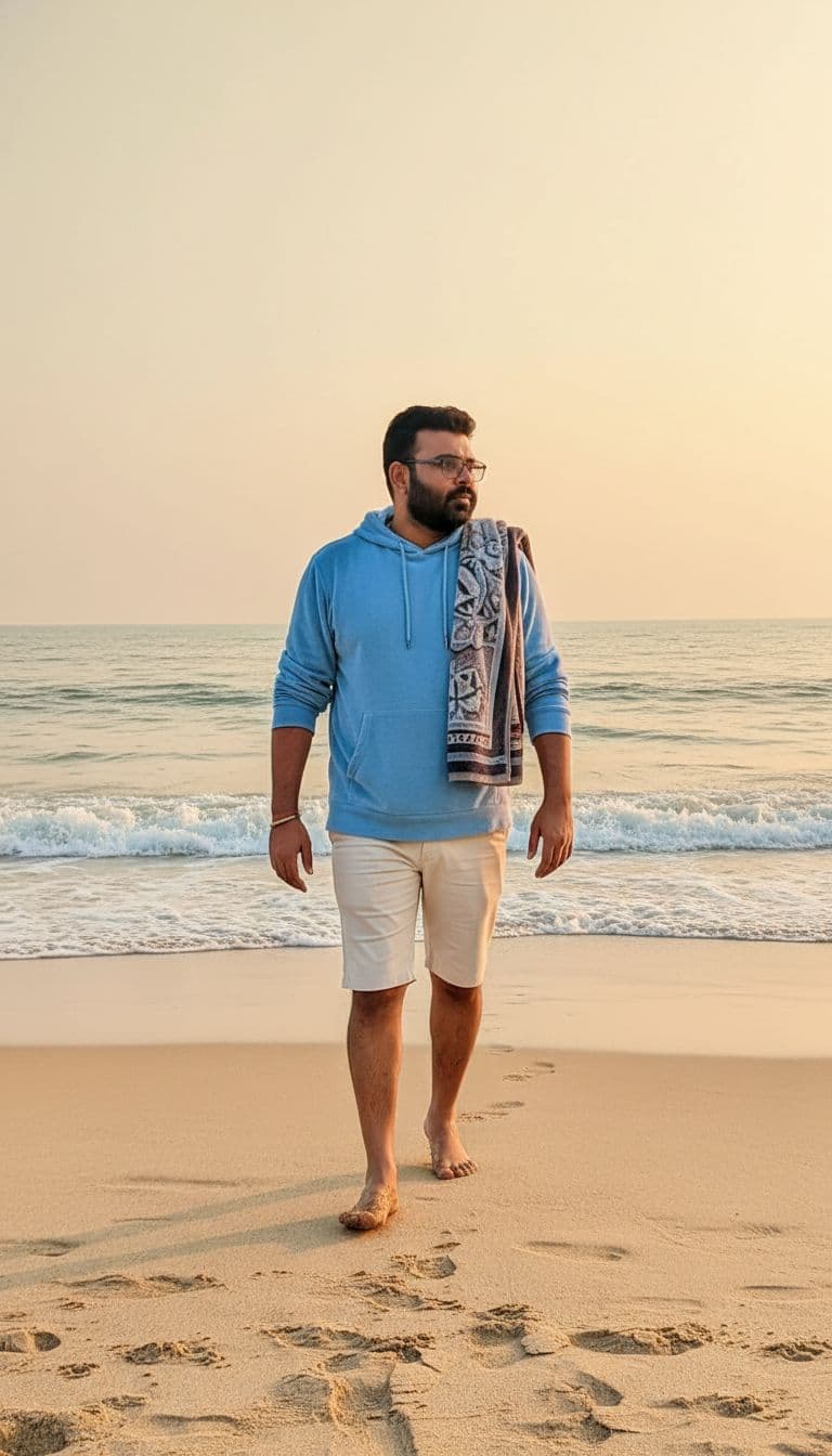 AI generated: Subject: A relaxed late-20s man. Clothing: Light blue terry cloth hoodie, tailored cream-colored sho...