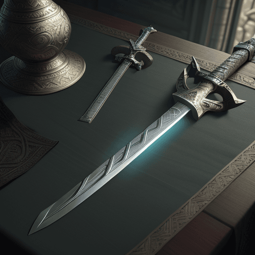 AI generated: sword on the table with the design and character of Thor The sword is gold and grey dark, no waterma...
