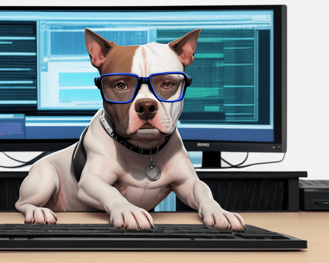 AI generated: pitbull dog with glasses sitting programming in front of a desktop computer looking at the monitor a...