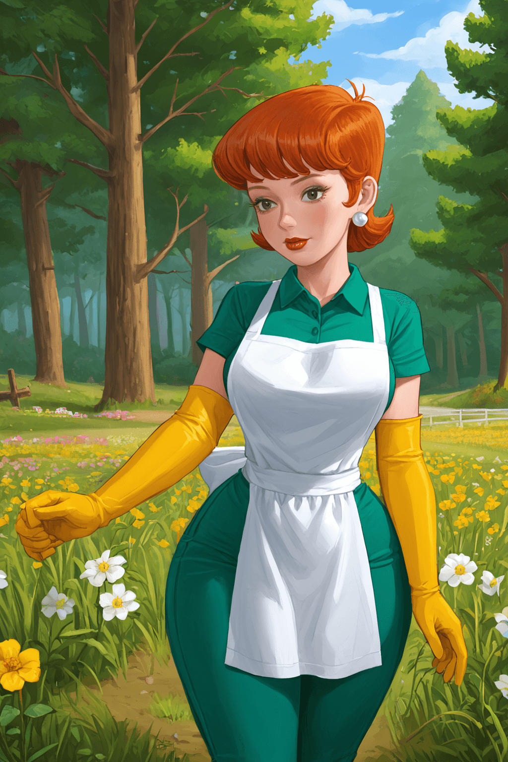AI generated: Prompt: mom (dexter's laboratory), 1girl, solo, apron, jewelry, earrings, gloves, breasts, wide hips...