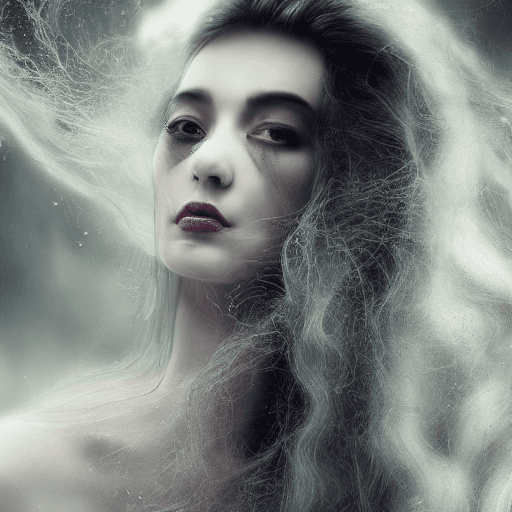 AI generated:  A hyper-realistic, cinematic image of a beautiful ghostly woman,  
wn existence is intertwined with...