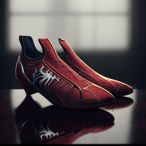 AI generated: shoes on the table with the design and character of spiderman The shoes is gold and red dark, no wat...