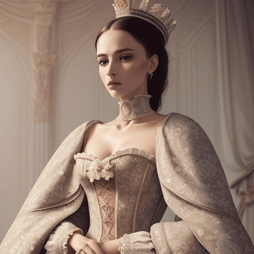 AI generated: (royal, woman, highly detailed clothes adorned with laces and floral elements, luxurious laces) , re...