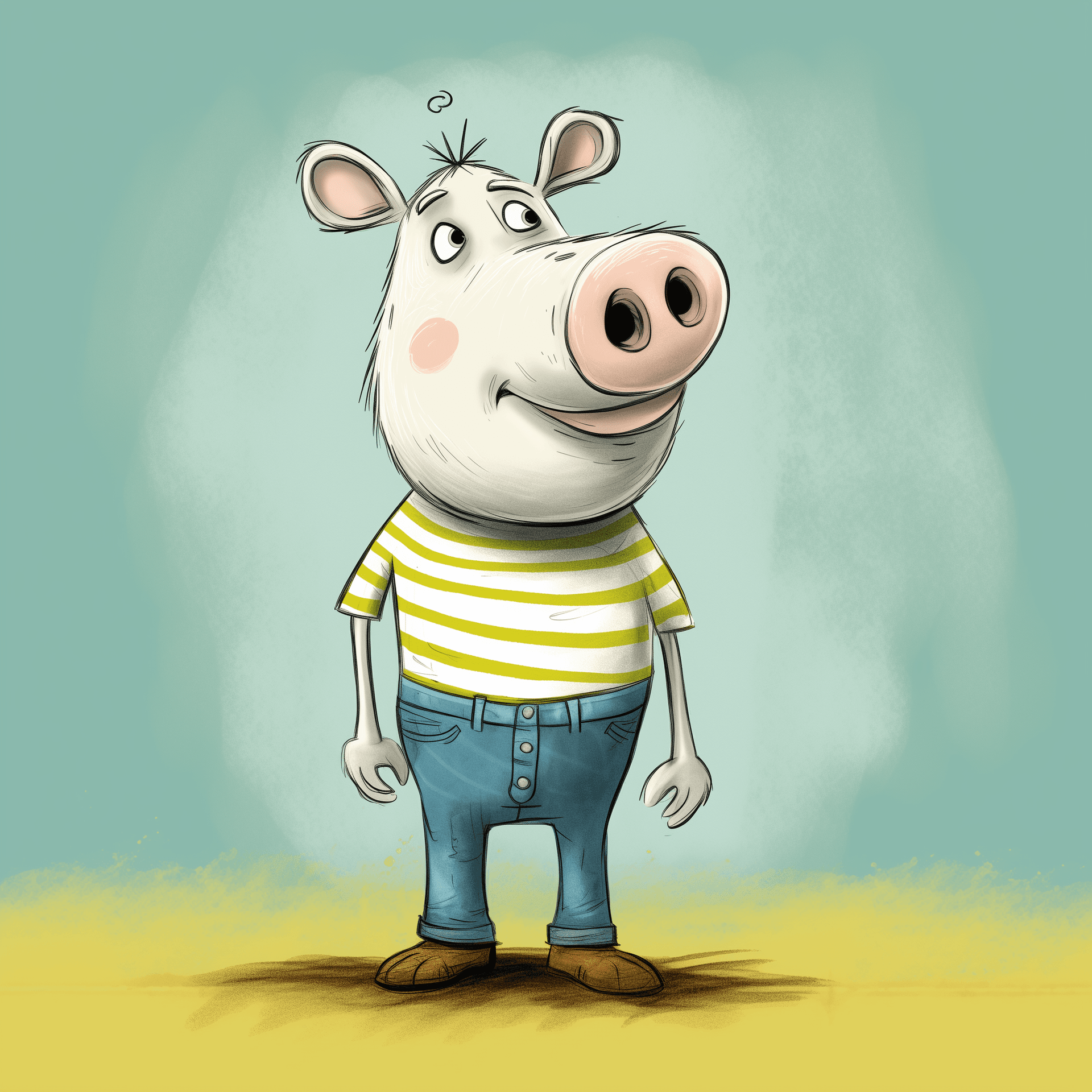 AI generated: A white pig with black eyes and a blue-striped shirt is depicted in the style of Eflora's cartoon ch...