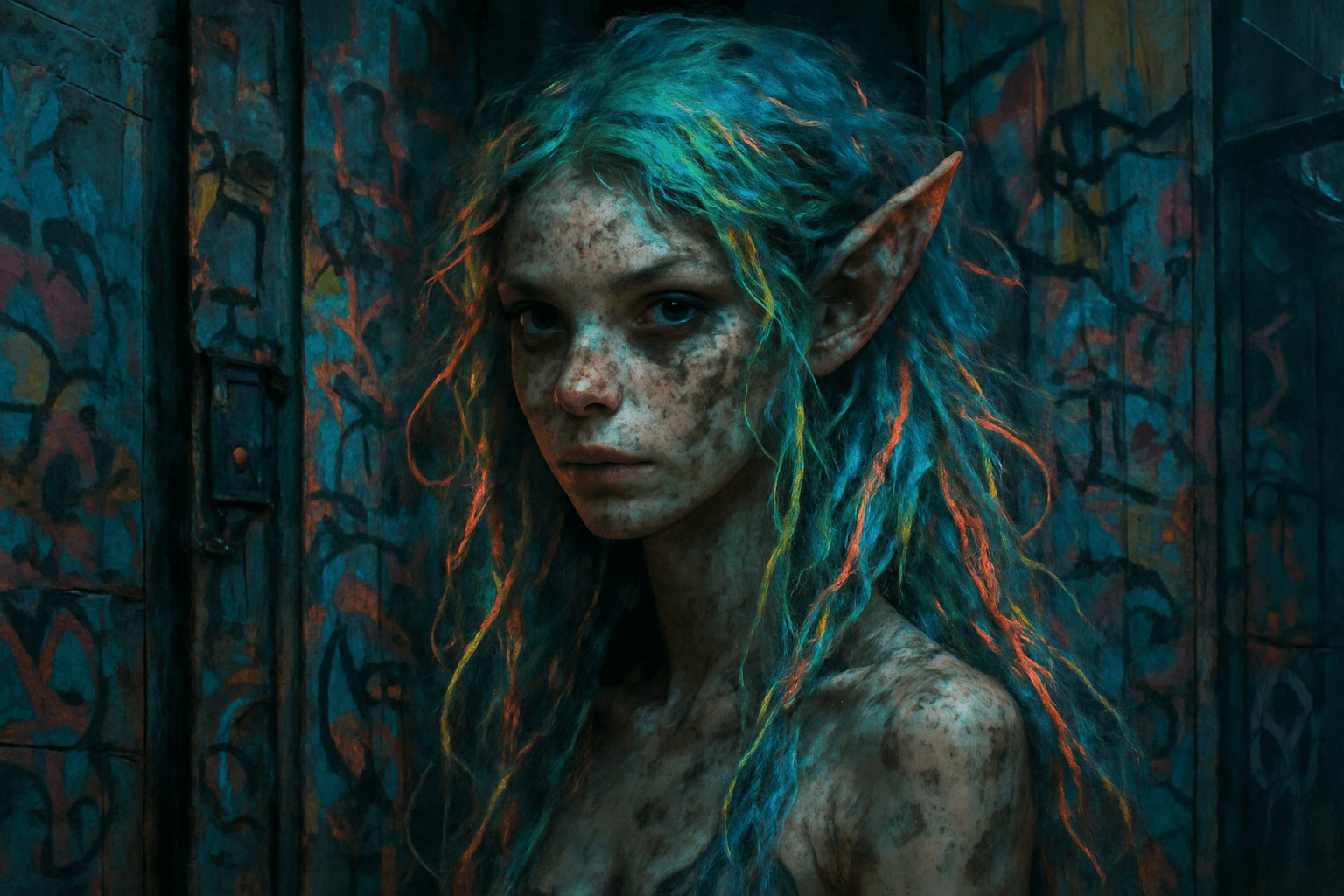 AI generated: A grittily enchanting nymph, her delicate features a stark contrast to the urban decay surrounding h...
