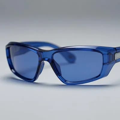 AI generated video: Fashion shoot, Jacquemus and Moncler collaboration: dark blue translucent futuristic sunglasses, hyp...