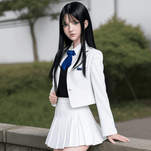 AI generated: Anime, girl, blue eyes, long black hair, shy expression, white skirt, white suit, bambietta basterbi...