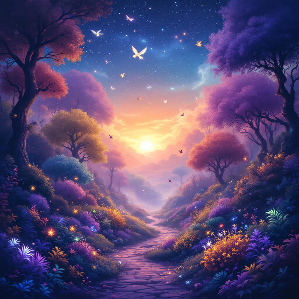AI generated: A magical forest glowing under a starry sky, filled with vibrant, colorful trees and bioluminescent ...