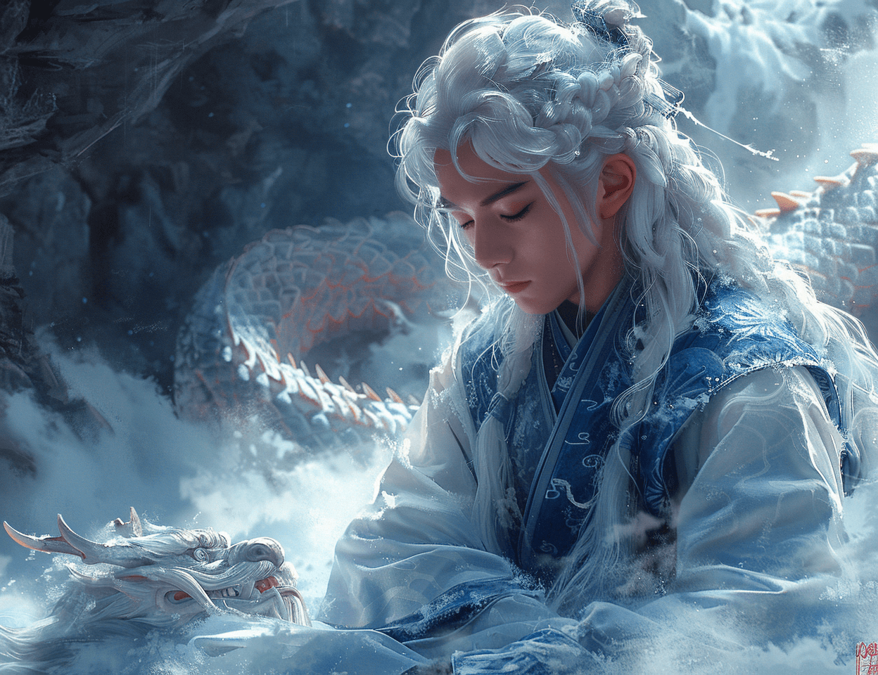 AI generated: a Chinese boy with white hair living in a cave, a celestial being, wears white Daofu, has a headband...