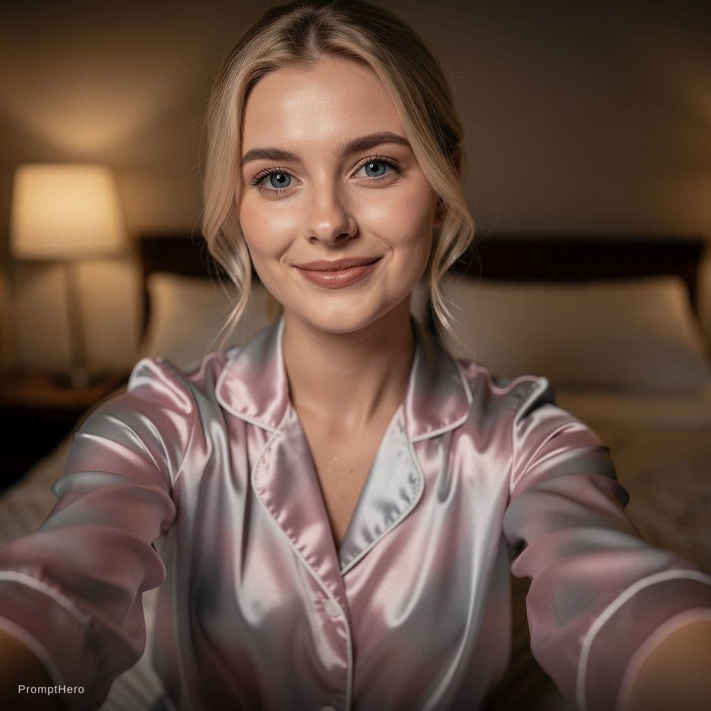 AI generated: IMG_1673.CR2 selfie blonde young german wearing her satin sleepwear