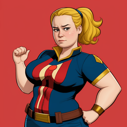 AI generated: Brie Larson, fat as Marvel Captain, Disney Character Style, 

