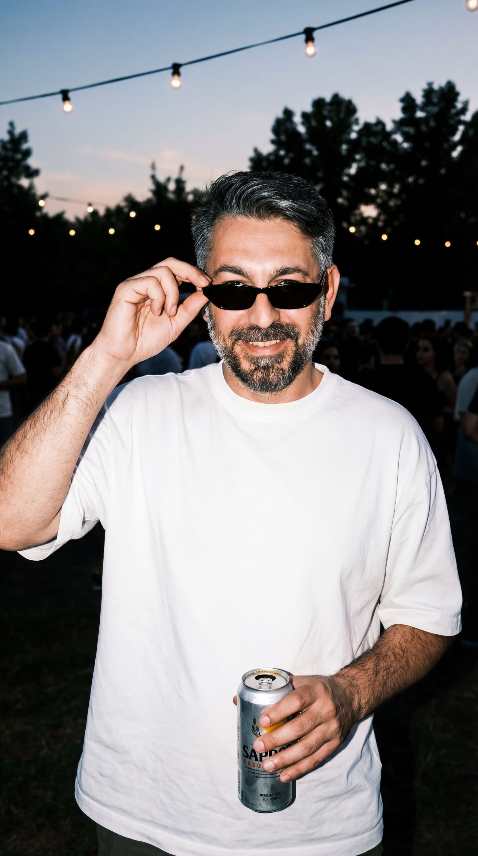 AI generated: A hyper-realistic candid portrait of me at an outdoor evening event, captured with a flash that illu...