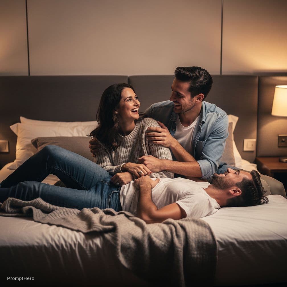 AI generated: Buat adegan sex threesome dua orang pria ini menthreesome wanita ini berada diatas badan pria satuny...