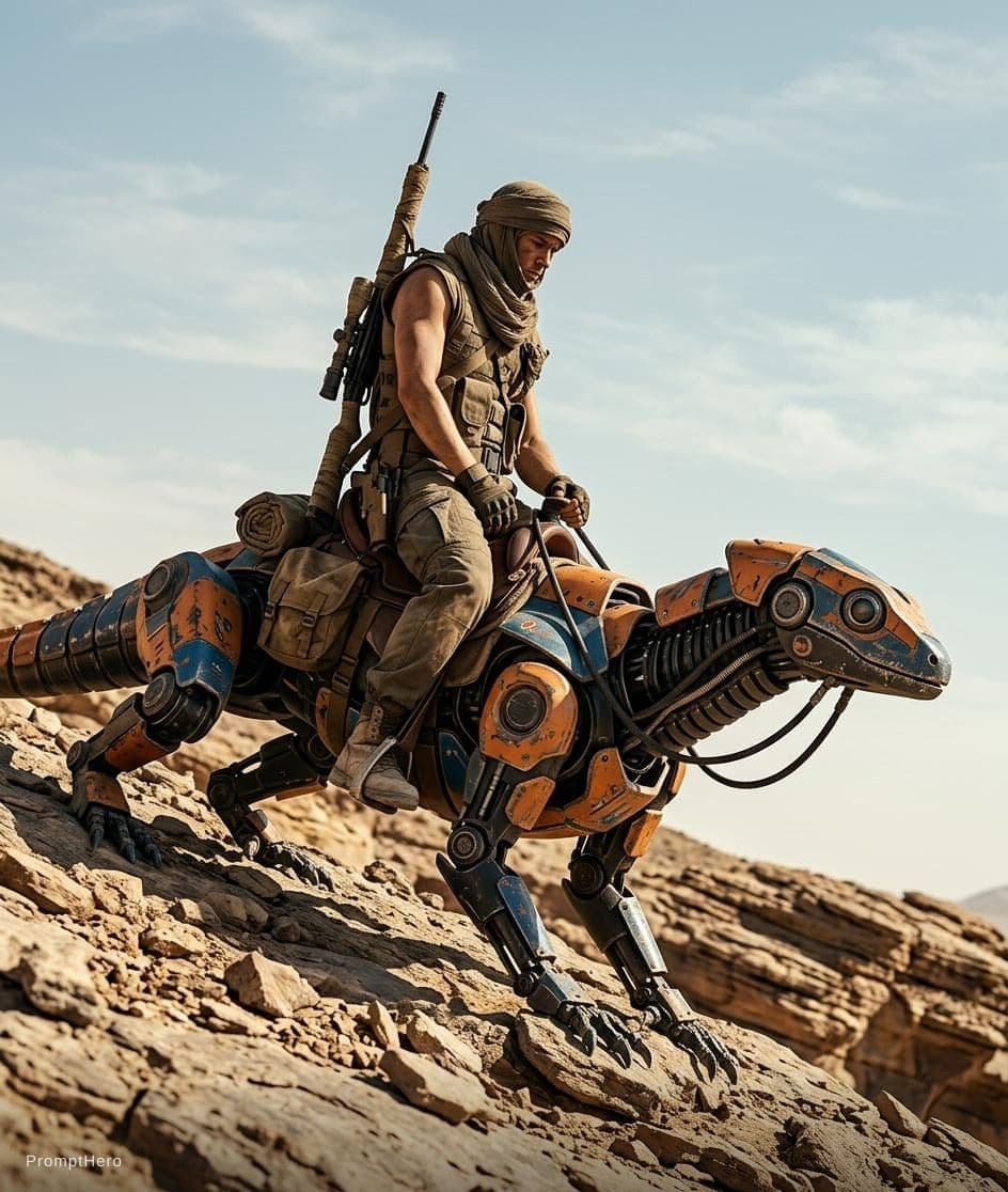 AI generated: Riding reptiles such as robotics, the lone desert Scout climbs a rocky slope under a wide open sky, ...