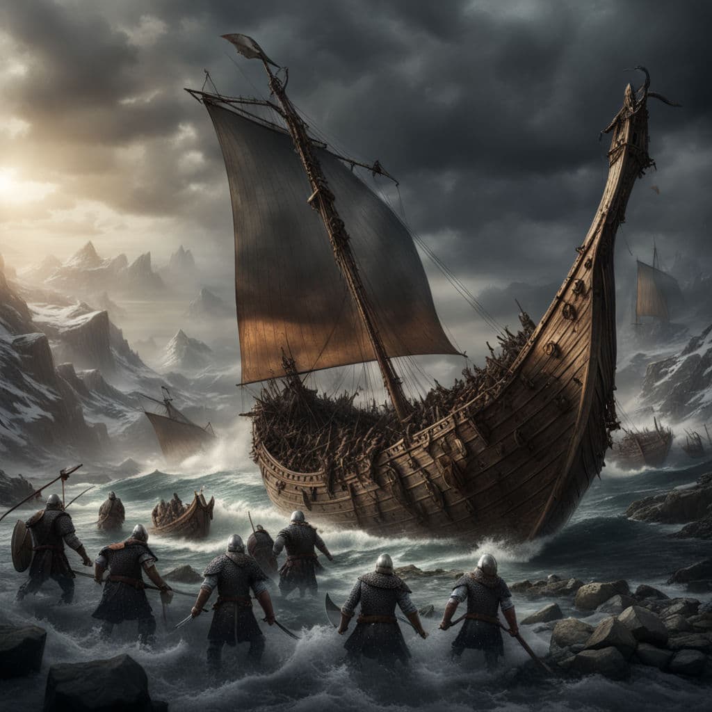 AI generated: Total war of destruction in the land of vikings,viking ship,vikings,seafight,lens flare,dynamic ligh...