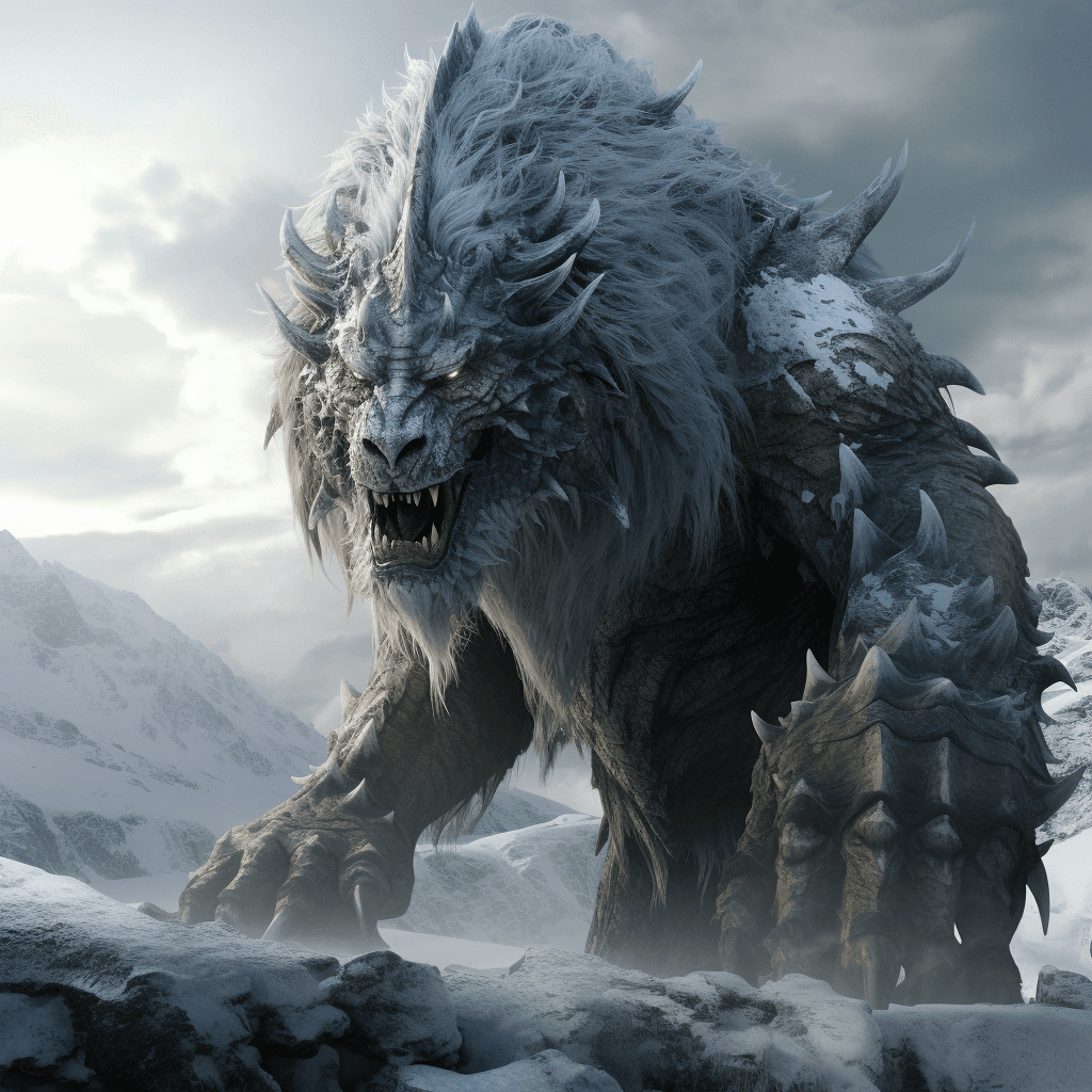 AI generated: an enormous snow monster is standing on the ice, in the style of epic fantasy scenes, manticore, exp...