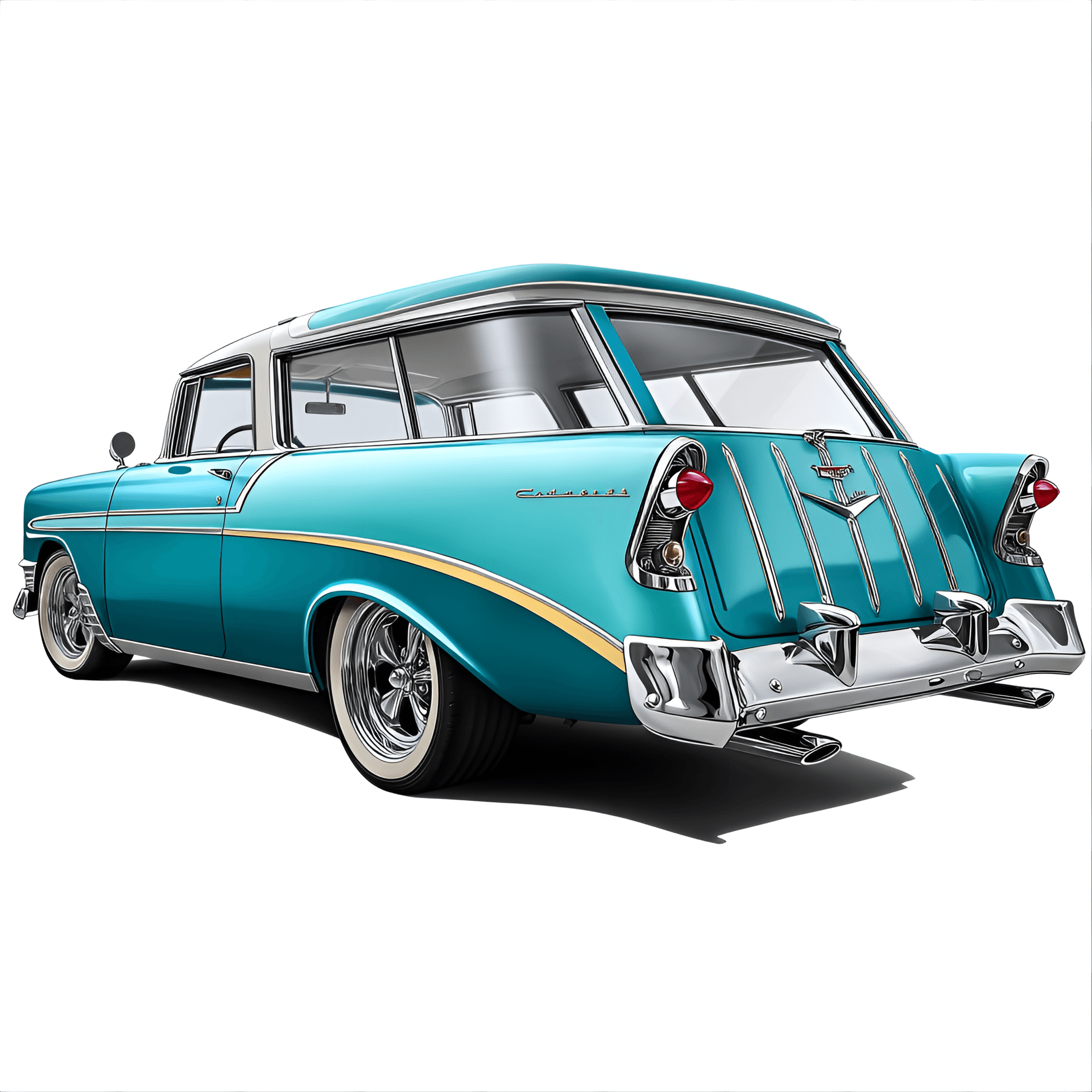 AI generated: retro 1956 Chevrolet Nomad station wagon, detailed in a classic clipart style, showcasing
its chrom...