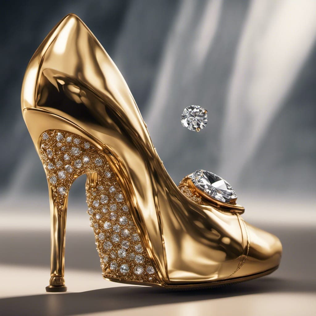 AI generated: Diamond-Gold Shoe, (detailed stunning environment), cinematic, cover art, (low front angle), full vi...