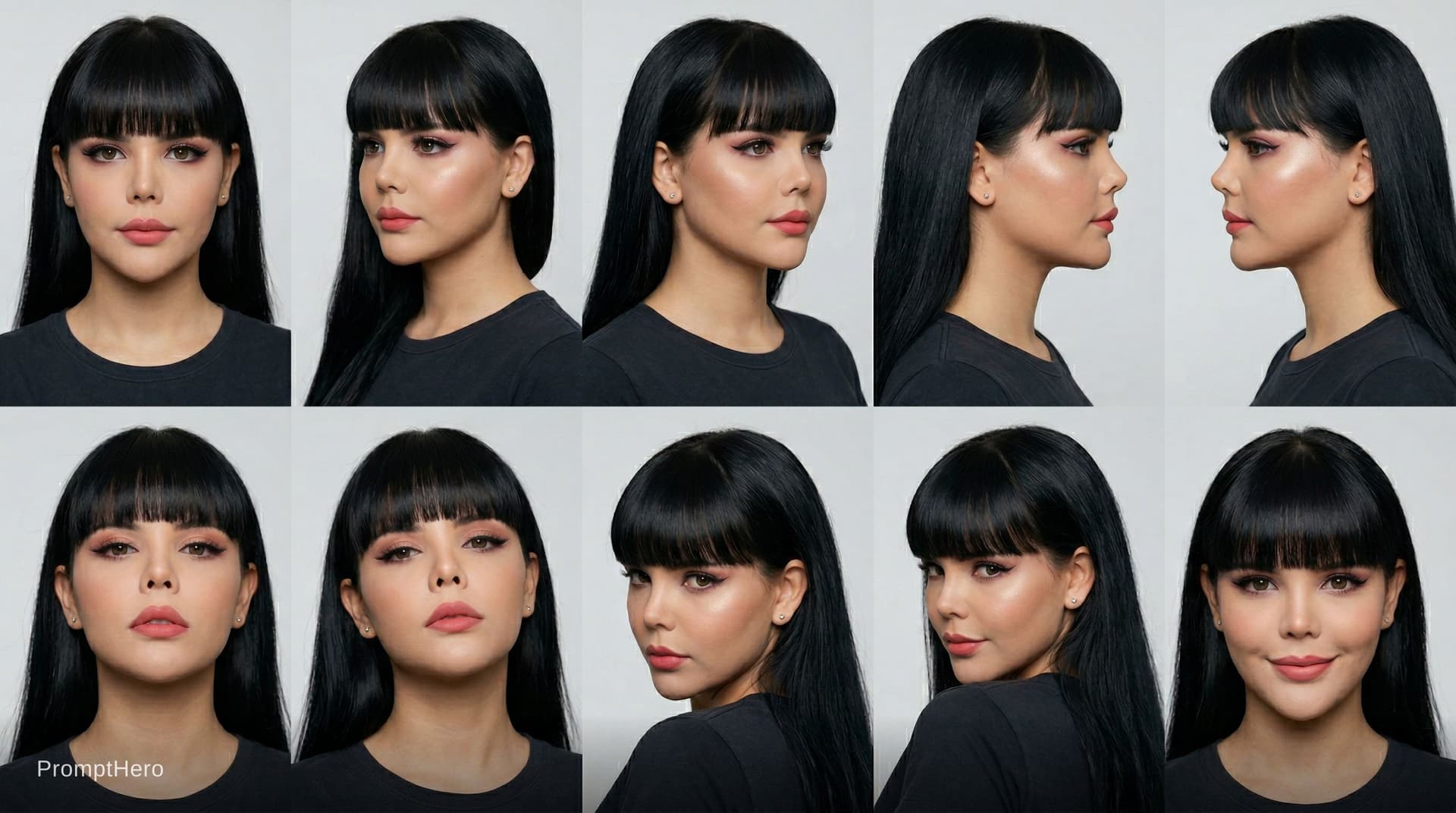 AI generated: Ultra-realistic facial reference contact sheet of a young Brazilian female influencer, using the pro...