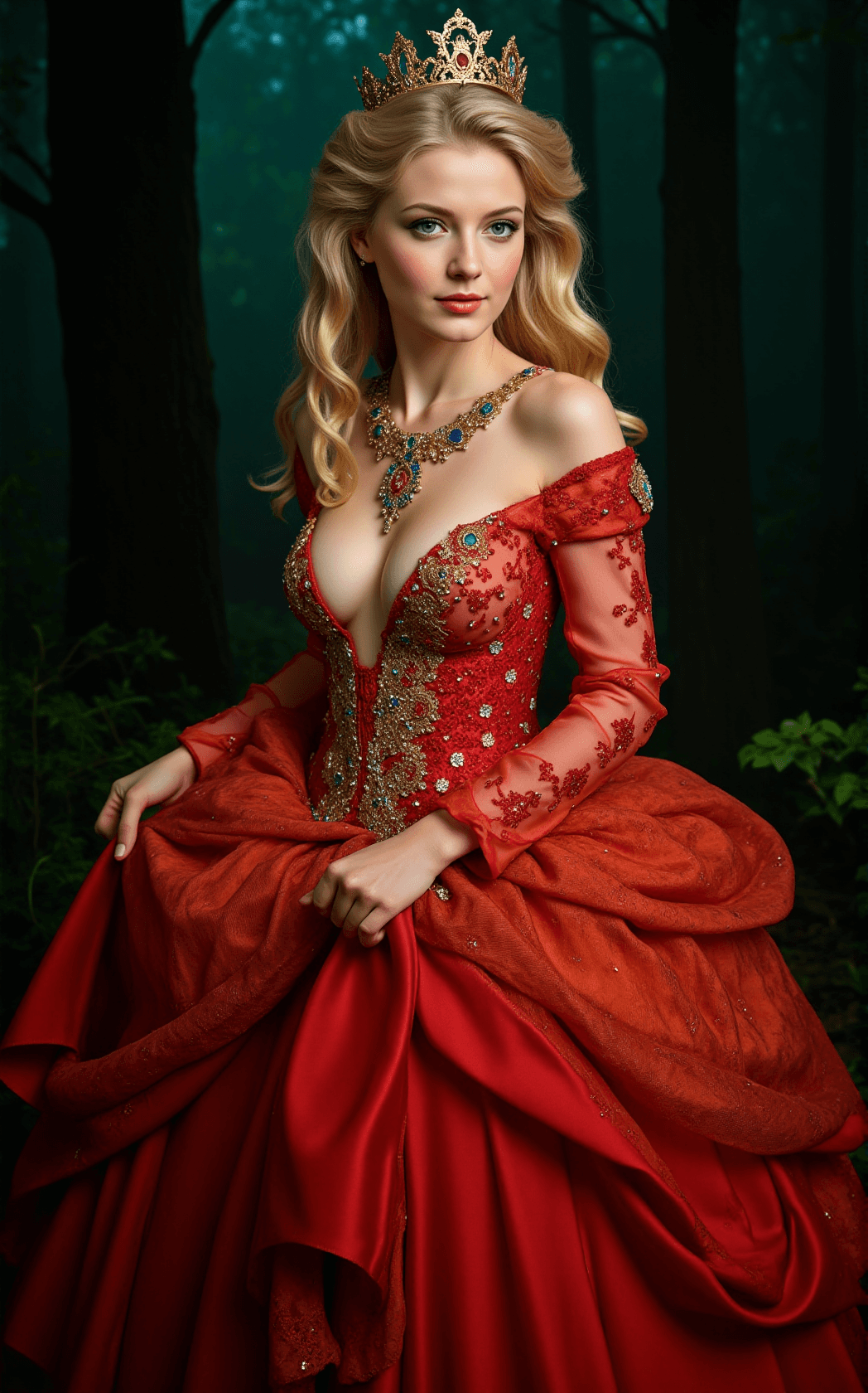 AI generated: A beautiful princess of Belgium with captivating green eyes and lush blonde hair wears an opulent an...