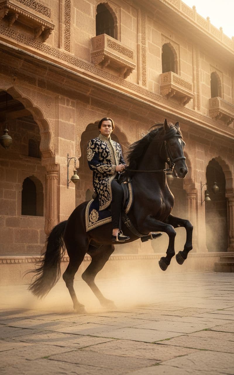 AI generated: Hyper realistic Shot in a dramatic royal courtyard, the black horse rears against ancient sandstone ...