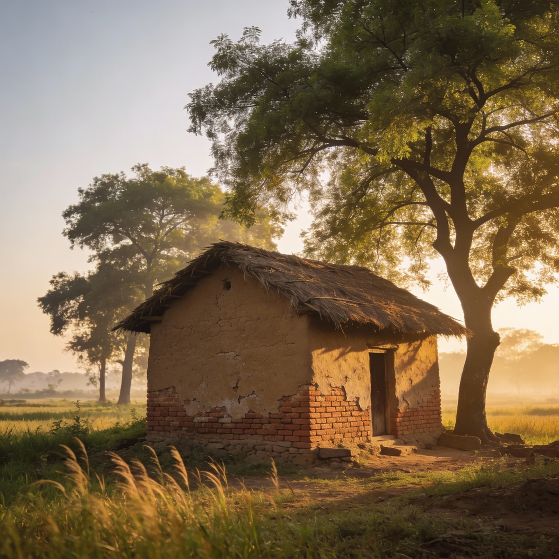 AI generated: A peaceful Indian village scene,
an old small village house made of mud and bricks,
early morning so...