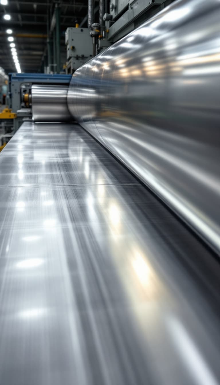 AI generated: A massive sheet of aluminum, very thin, wide, and long, is being compressed between two large indust...