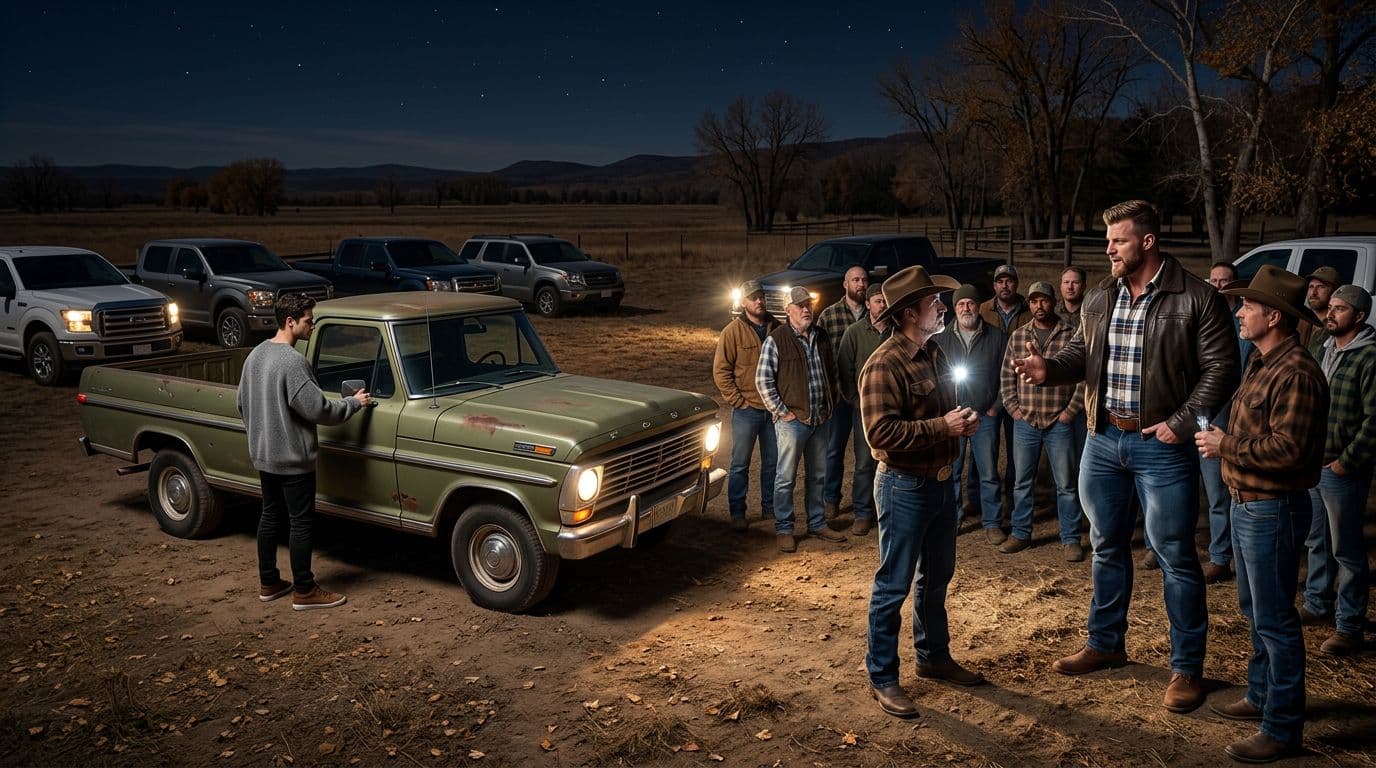 AI generated: In an Autumn night at a ranch with no public lights, there are no houses around. The vintage olive g...