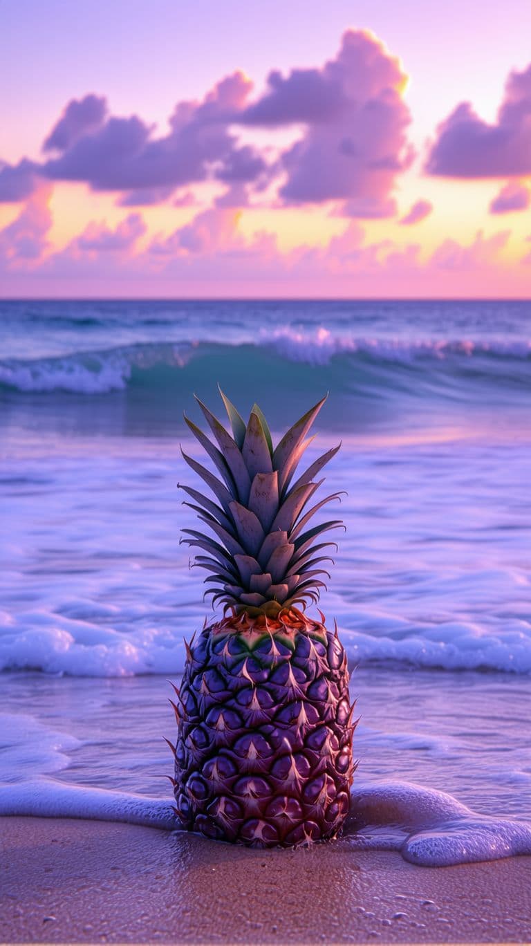 AI generated: "A hyper-detailed, deep-purple pineapple with a matte finish, sitting on a sandy beach at sunset, wi...