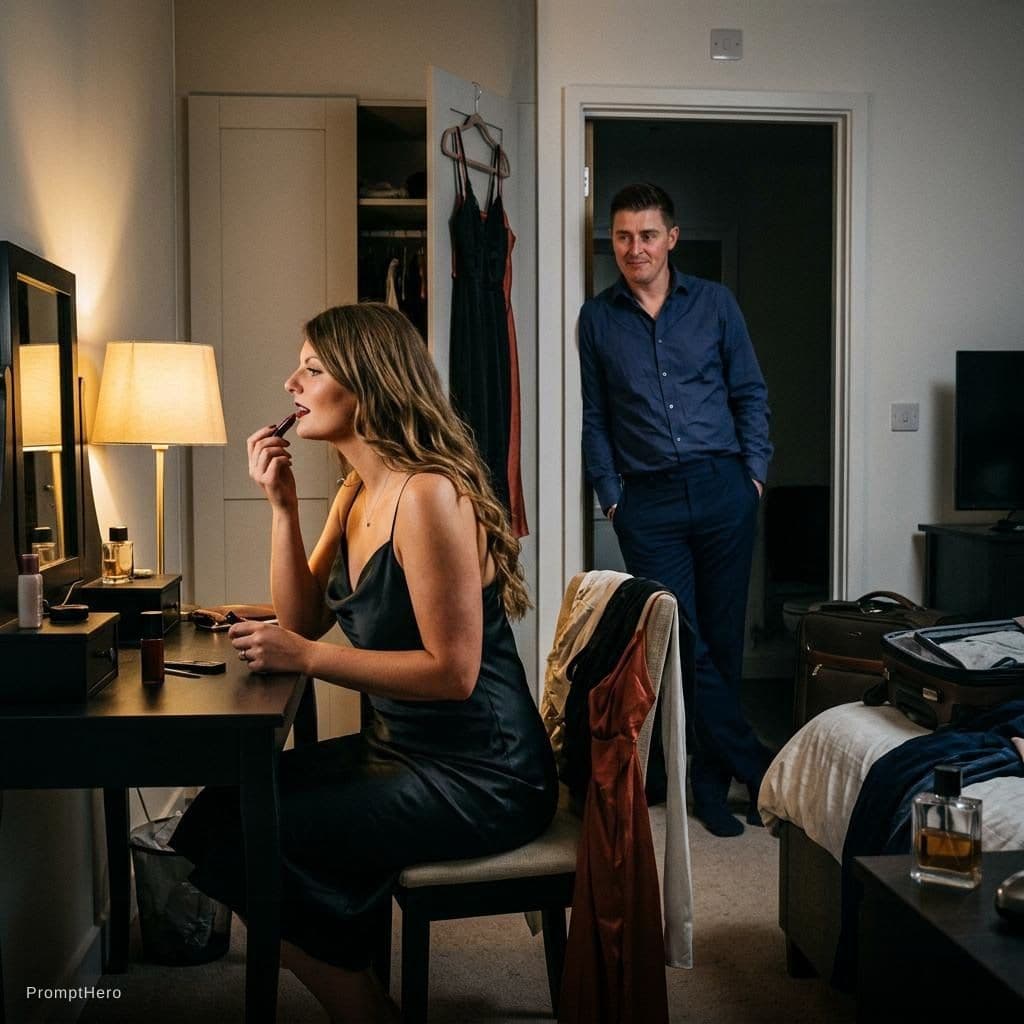 AI generated: "Using the image Generate a compelling image of a cuckold husband standing by as he watches his wife...