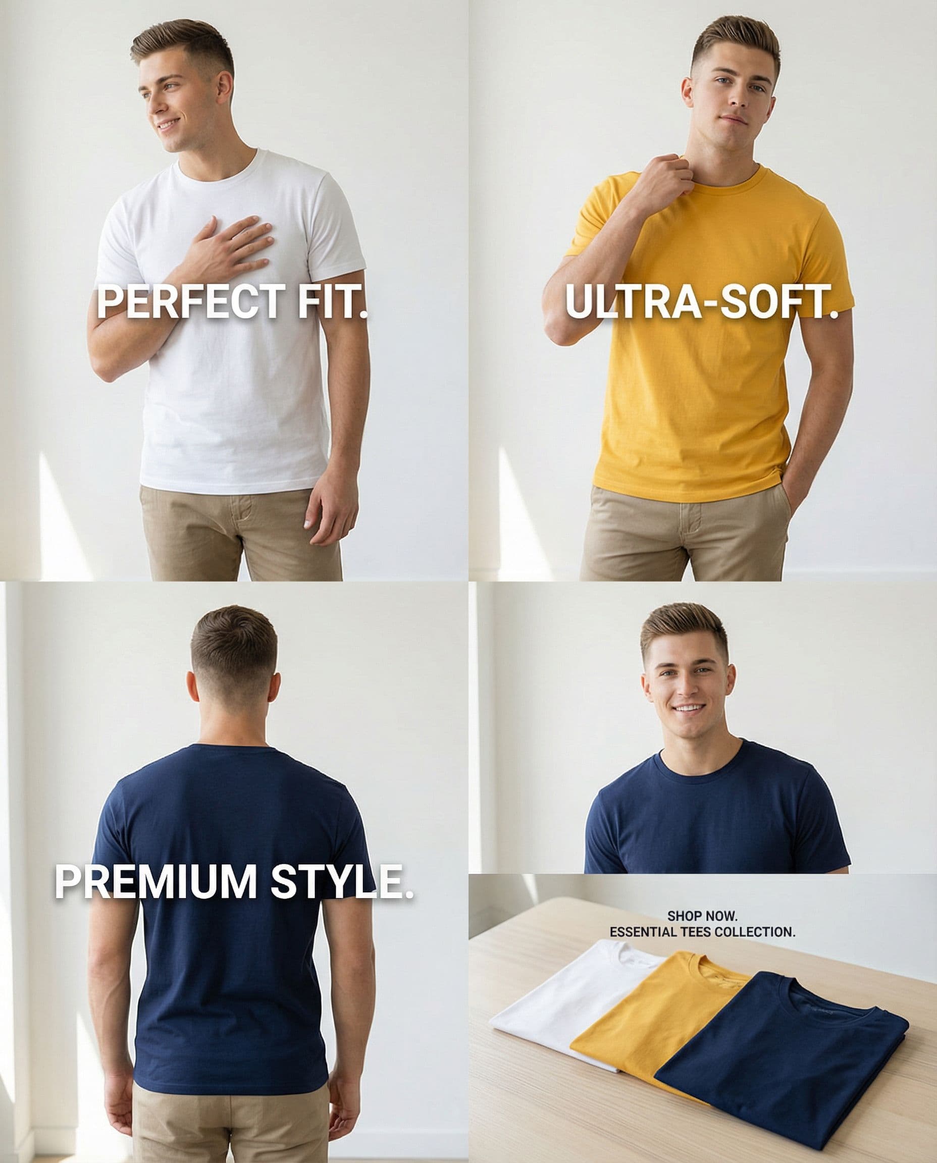 AI generated: A realistic promotional video featuring a young male model showcasing three t-shirts, one at a time:...