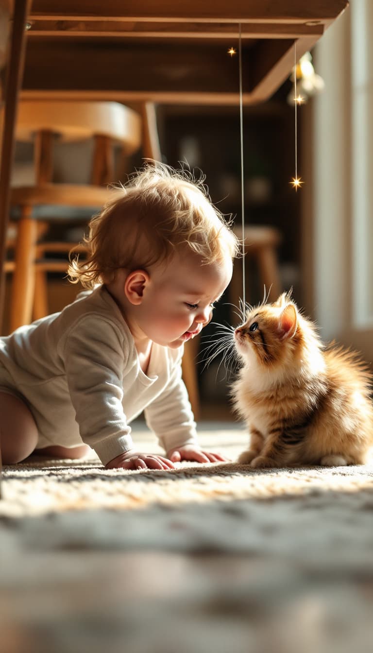 AI generated: A curious new born baby crawling under a dining table, reaching out to pet a fluffy cat that’s playf...