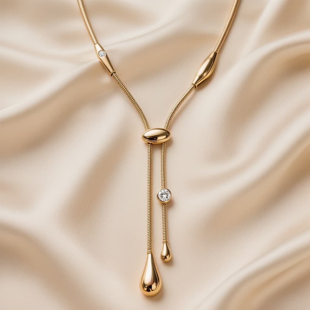 AI generated: Modern luxury long necklace in 18K yellow gold inspired by contemporary Italian high jewelry aesthet...