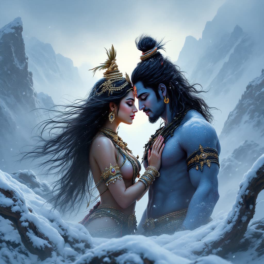 AI generated: 


"Create an ultra-realistic, full-body portrait of Devi Durga and Lord Shiva, locked in love in a ...