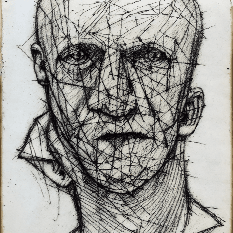 AI generated: drypoint engraving scribble illustration,  paranoid, annotated, messy, disorganized, man with Anatom...