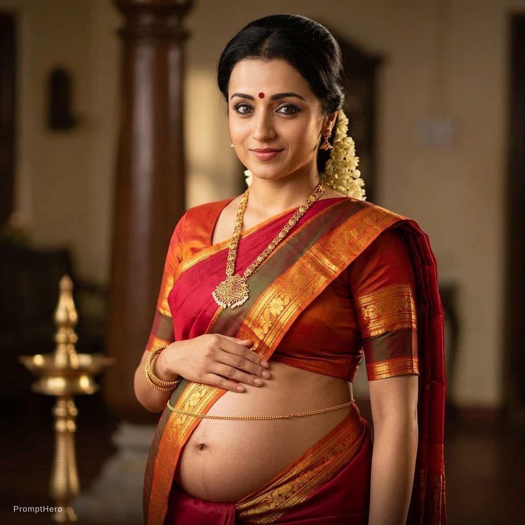 AI generated: high-resolution, cinematic portrait of a young South Asian woman in the third trimester of pregnancy...