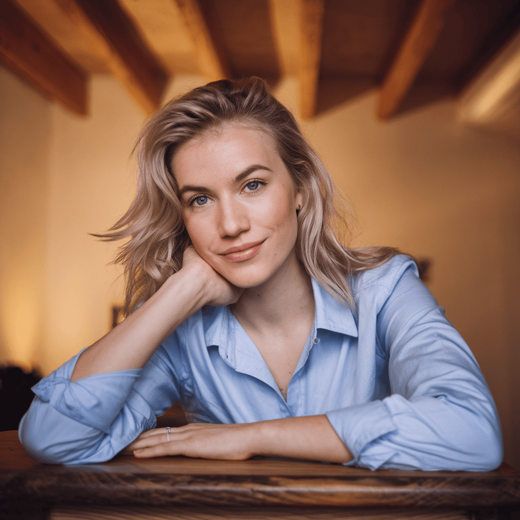 AI generated: Portrait of a blonde woman with wavy hair, wearing a light blue shirt, leaning forward on a wooden t...