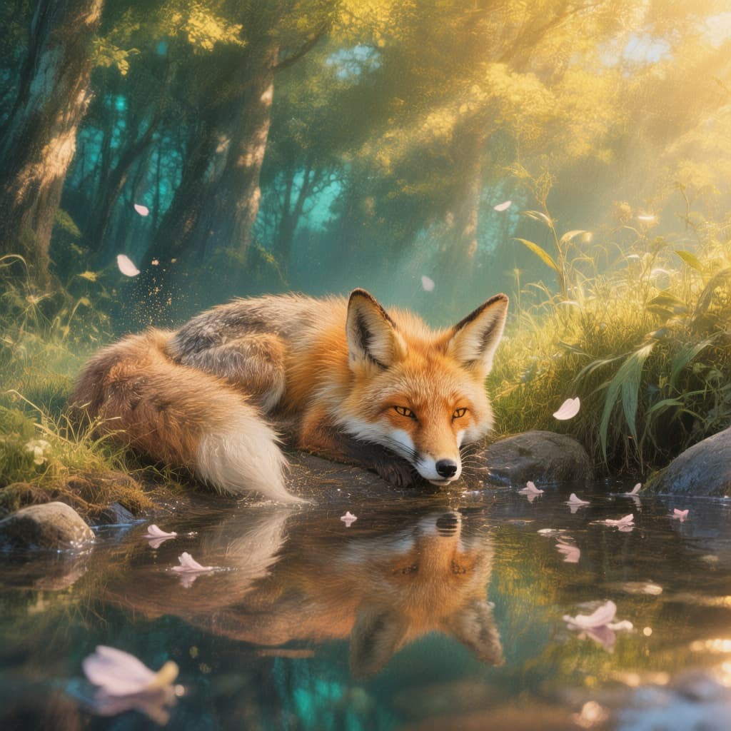 AI generated: A tranquil cinematic anime scene of a fox resting beside a forest stream, warm golden light filterin...