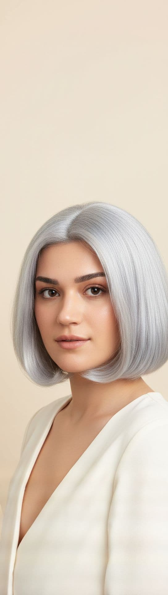 AI generated: hair photography, woman, bob cut hair, silver color, ivory hue background, studio lighting setup, re...